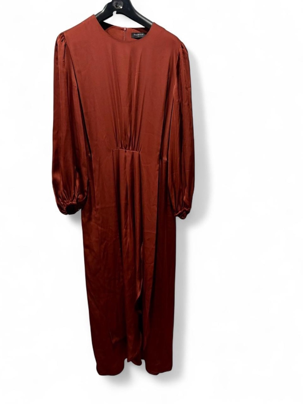 Fashion Rust Satin Long Sleeve Midi Dress